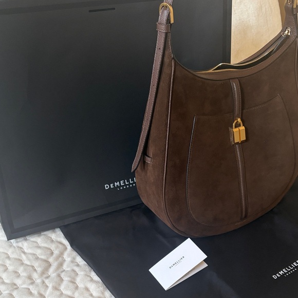 DeMellier Dark Brown Suede Hobo Shoulder Bag with Gold Padlock. Siena Hobo bag. - Picture 2 of 16